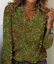 Dames Glitter V-Hals Blouse – Trendy Lange Mouwen Top voor Lente & Zomer | Caroline