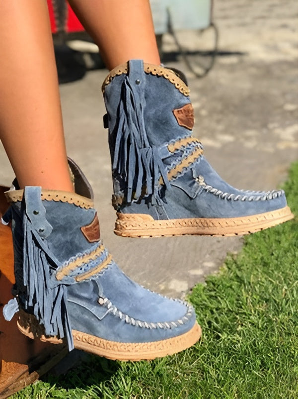 Boho dames westernlaarzen – suède laarzen met franjes & comfortabele fit