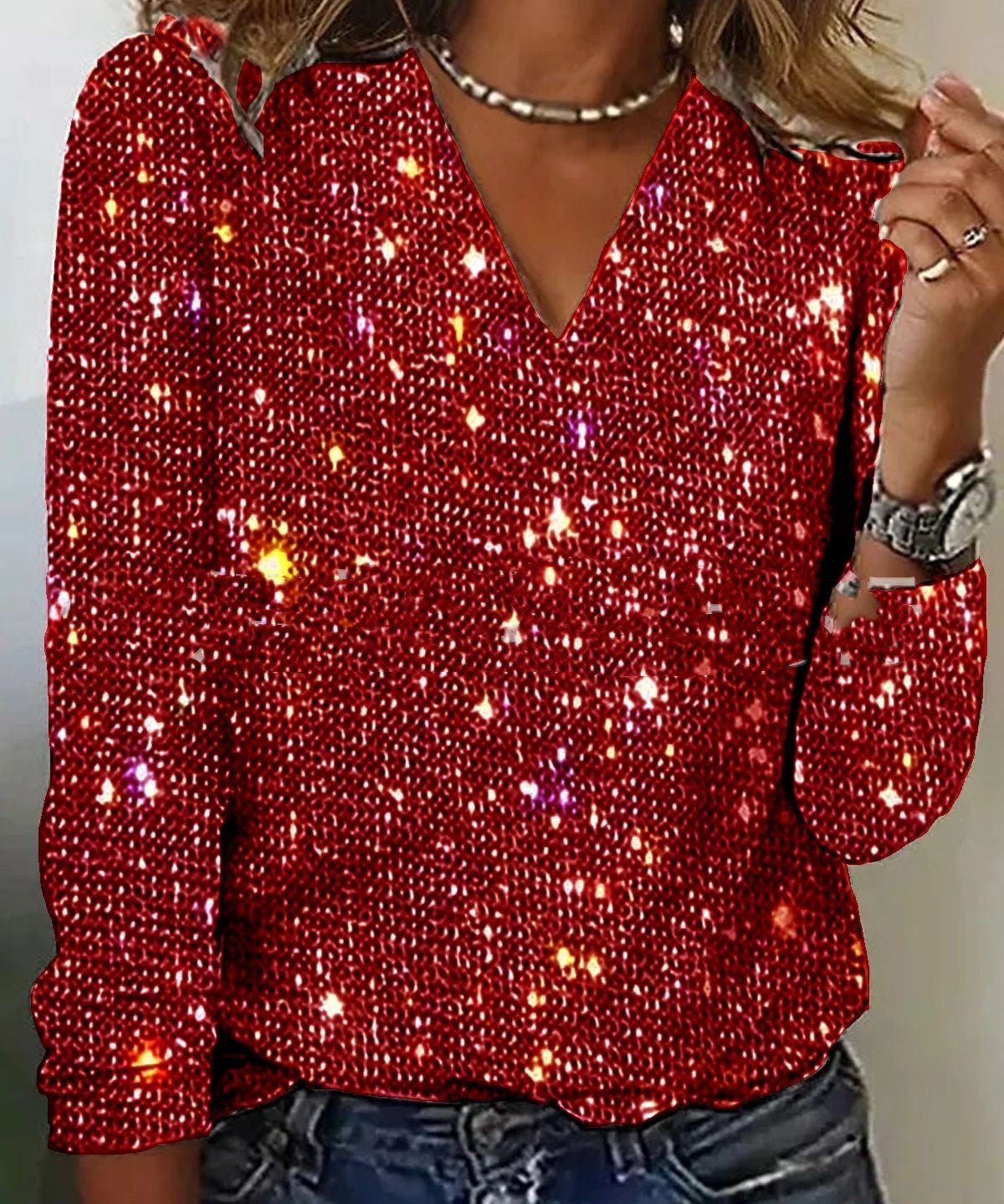 Dames Glitter V-Hals Blouse – Trendy Lange Mouwen Top voor Lente & Zomer | Caroline