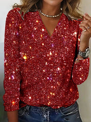 Dames Glitter V-Hals Blouse – Trendy Lange Mouwen Top voor Lente & Zomer | Caroline