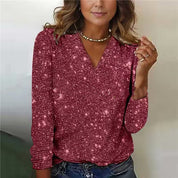 Dames Glitter V-Hals Blouse – Trendy Lange Mouwen Top voor Lente & Zomer | Caroline