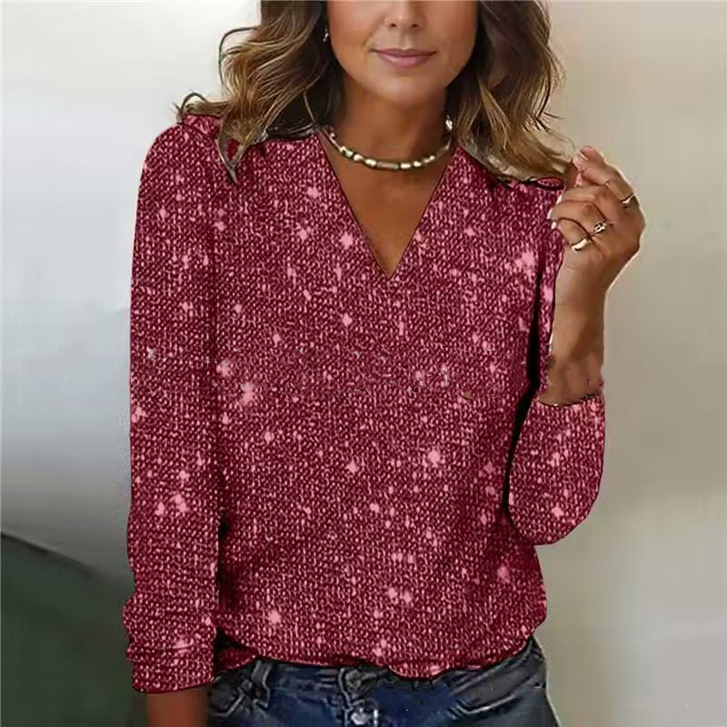 Dames Glitter V-Hals Blouse – Trendy Lange Mouwen Top voor Lente & Zomer | Caroline
