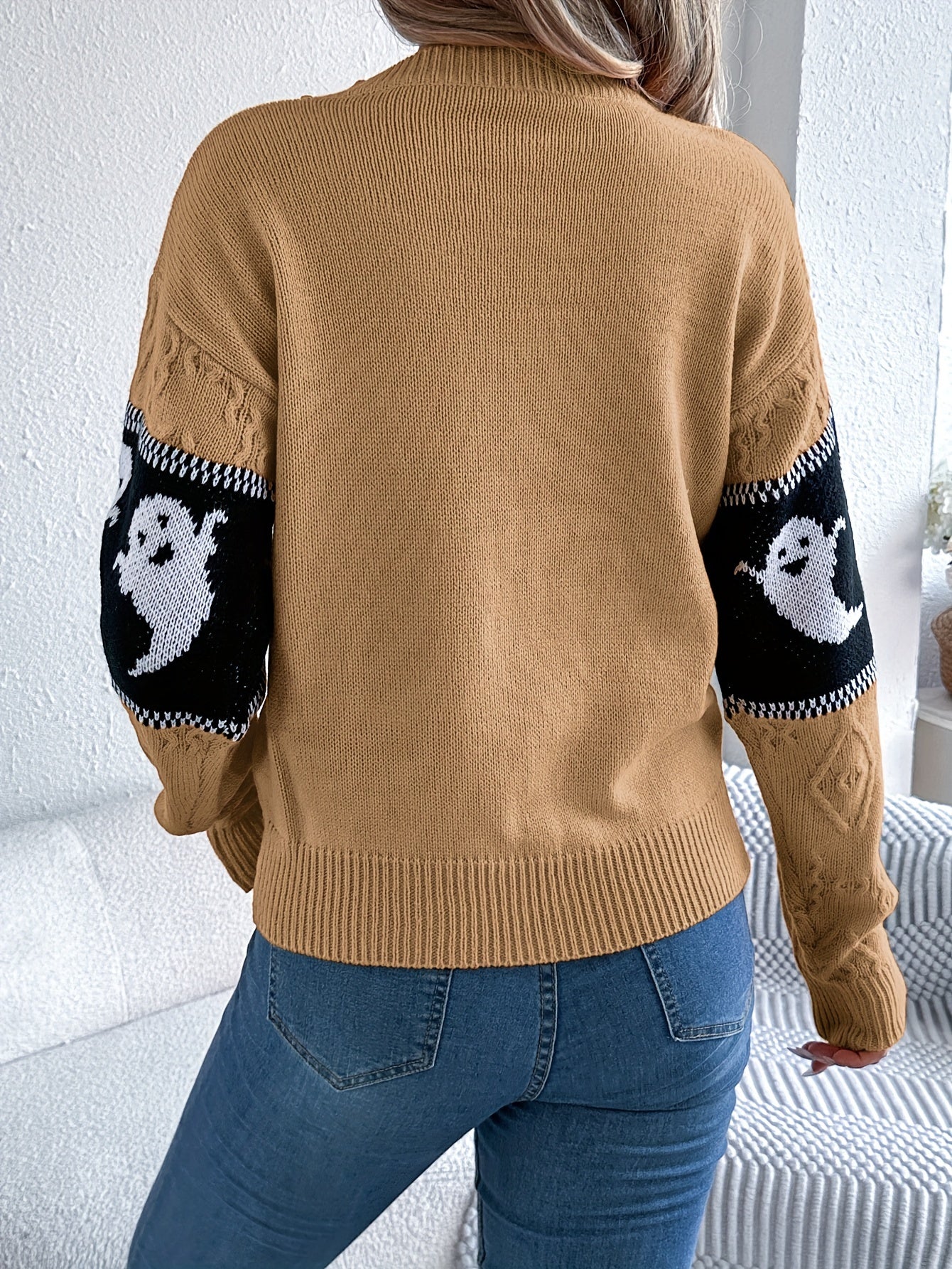 Halloween Trui Dames – Gebreide Trui met Spookmotieven in Zwart & Grijs
