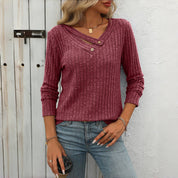 Effen Casual Damesblouse – V-Hals Blouse met Knoopdetails en Lange Mouwen
