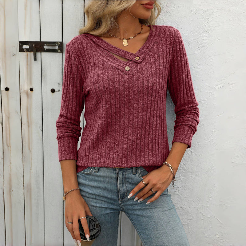 Effen Casual Damesblouse – V-Hals Blouse met Knoopdetails en Lange Mouwen