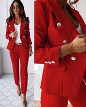 Dames double-breasted pak – elegant broekpak met metallic knopen en tailored fit