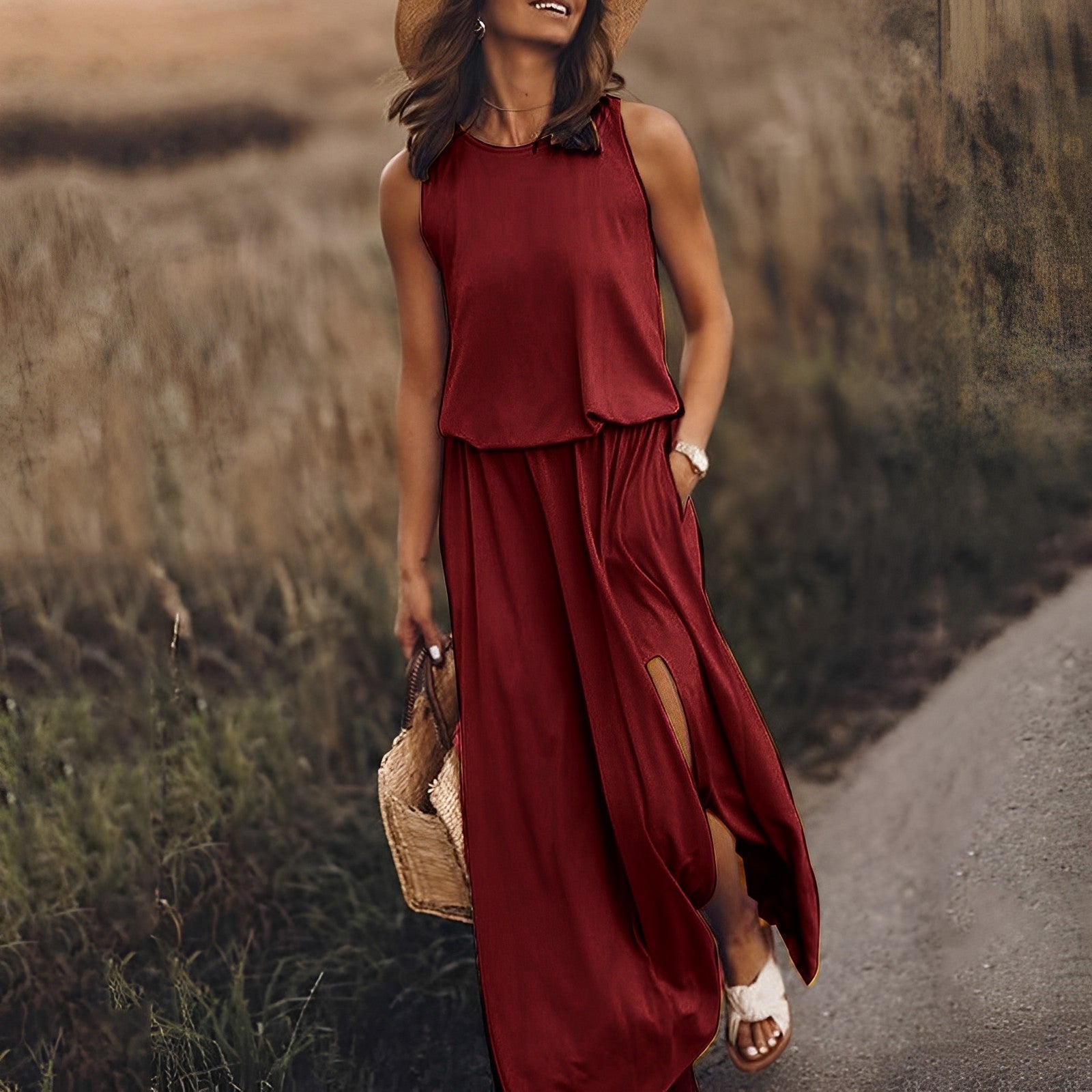 Witte boho maxi avondjurk dames – mouwloos lang kleed met split