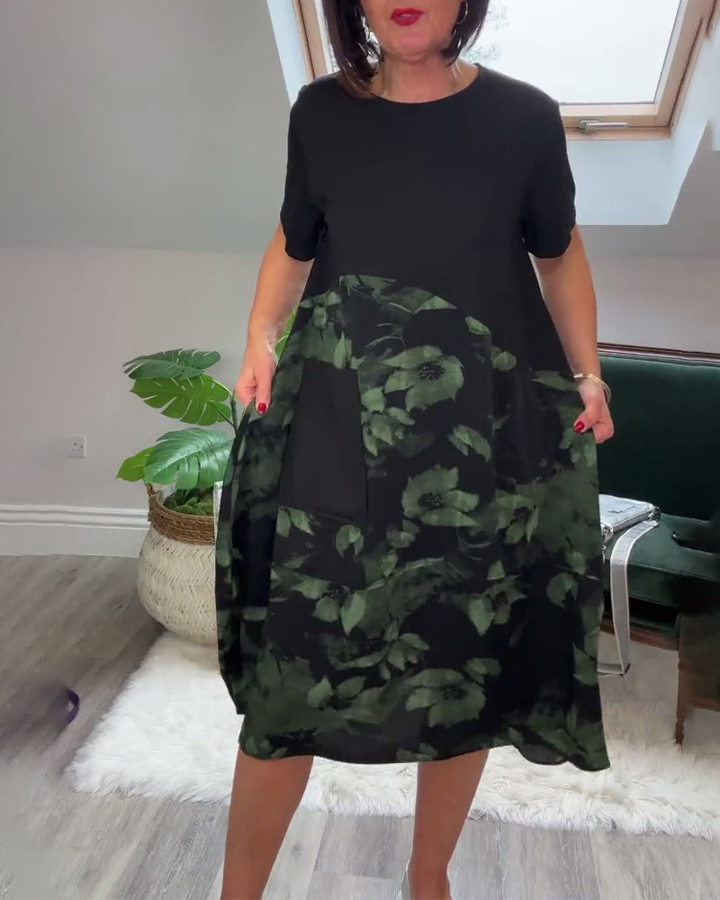 Patchworkjurk met Bloemenprint – Elegante Damesjurk met Ronde Halslijn
