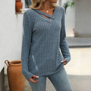 Effen Casual Damesblouse – V-Hals Blouse met Knoopdetails en Lange Mouwen