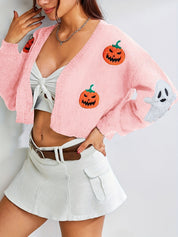 Halloween Vest Dames – Gebreid V-Hals Vest met Geborduurde Motieven