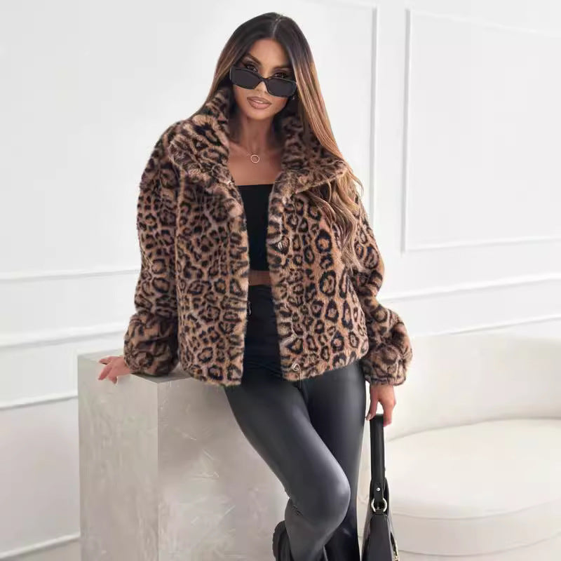 Dames fleece winterjas – luipaardprint jas met zachte voering en moderne look