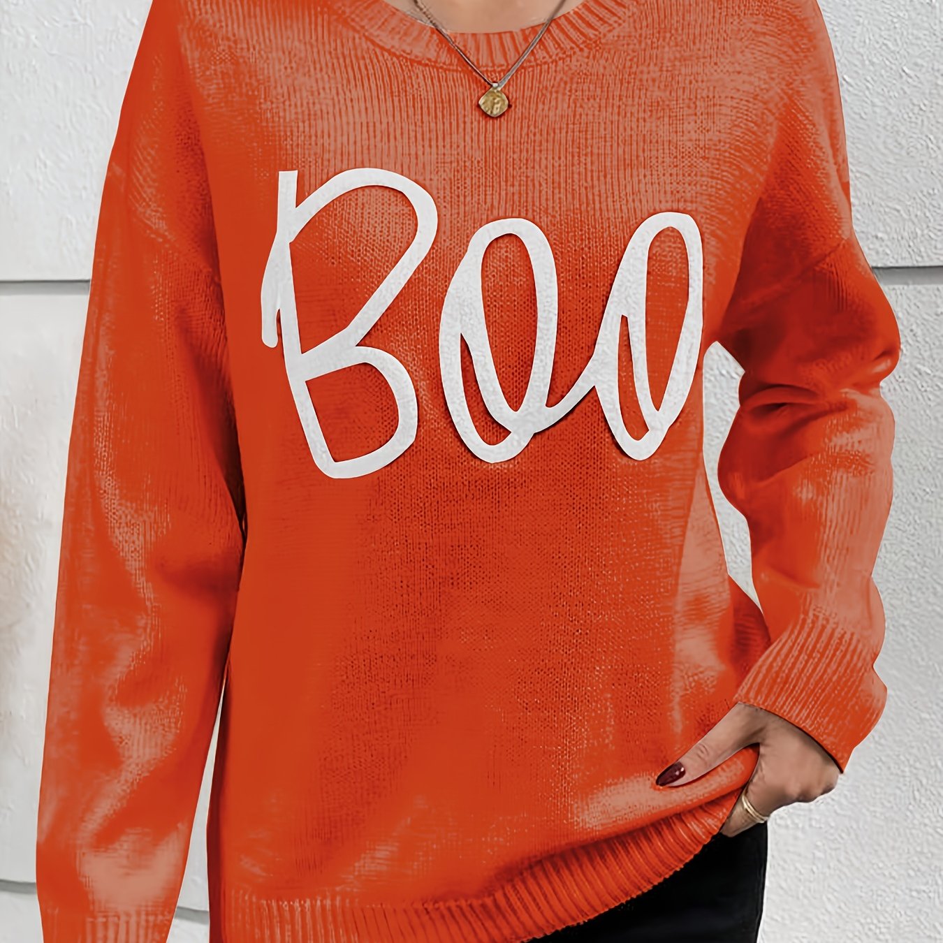 Halloween Trui Dames – Casual Gebreide Trui met ‘Boo’ Tekst