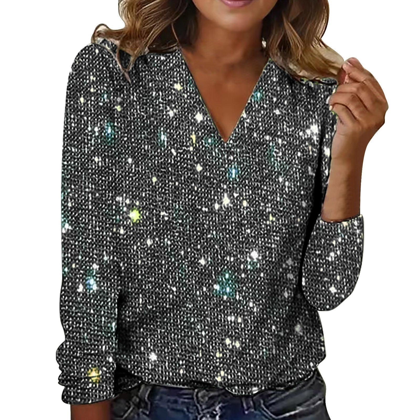 Dames Glitter V-Hals Blouse – Trendy Lange Mouwen Top voor Lente & Zomer | Caroline