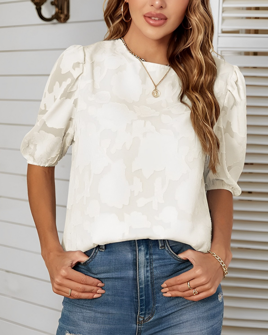 Blouse met Pofmouwen Dames – Witte Chiffon Top met Bloemen & Ronde Hals | Fiona