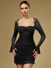 Glitter mesh mini jurk dames – ruched party dress met lange mouwen