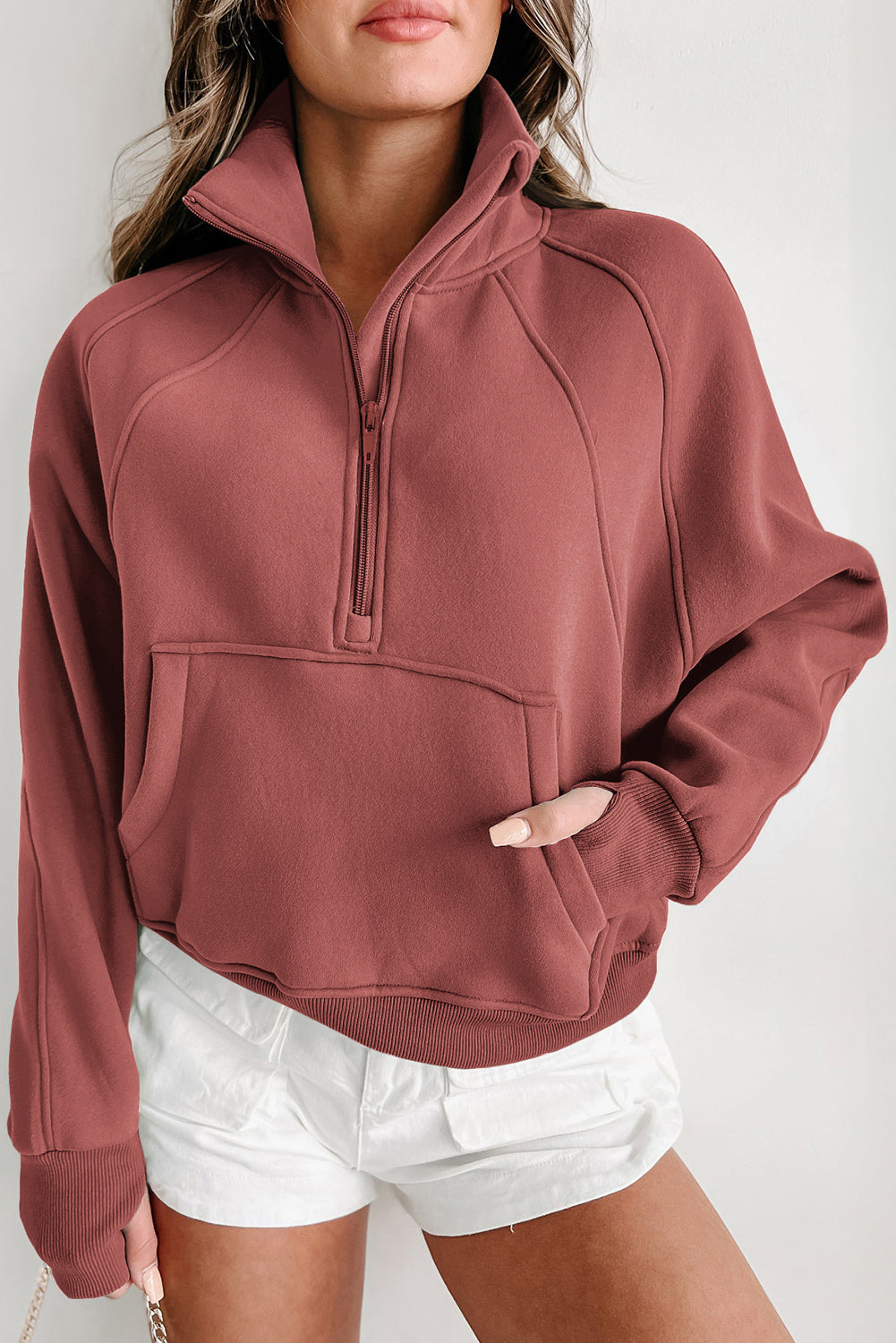 Bruin dames sweatshirt met rits – Mavia zip-up trui met hoge kraag en duimgaten