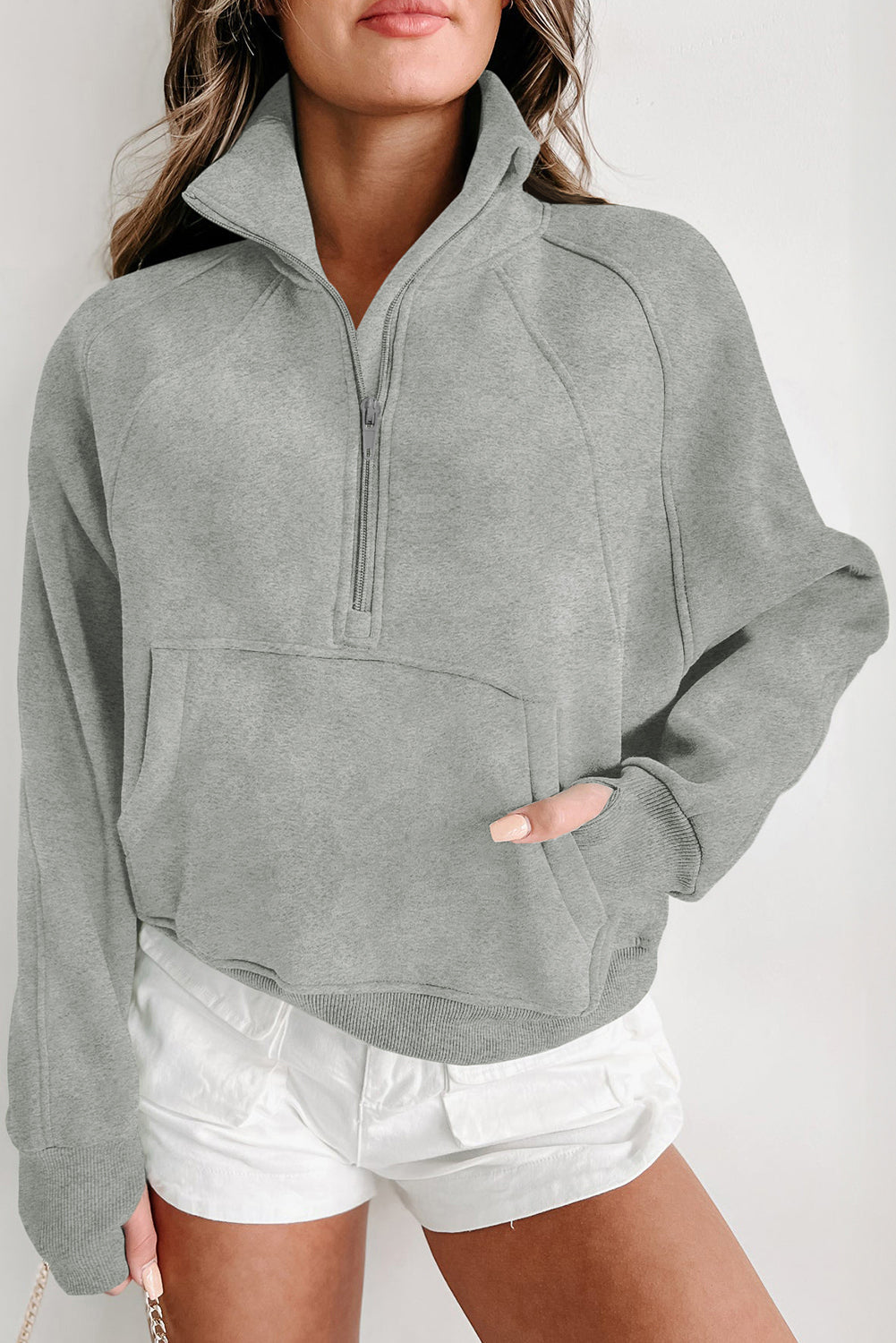 Bruin dames sweatshirt met rits – Mavia zip-up trui met hoge kraag en duimgaten
