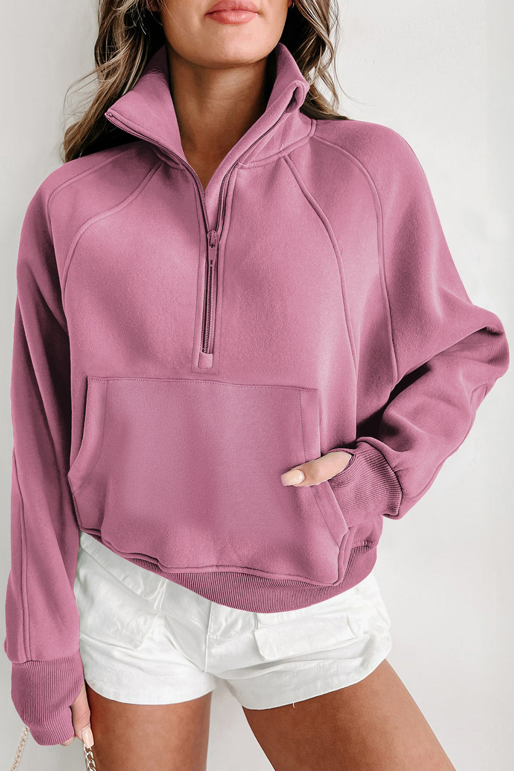 Bruin dames sweatshirt met rits – Mavia zip-up trui met hoge kraag en duimgaten