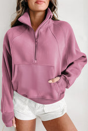 Bruin dames sweatshirt met rits – Mavia zip-up trui met hoge kraag en duimgaten