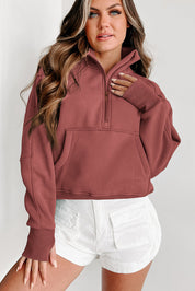 Bruin dames sweatshirt met rits – Mavia zip-up trui met hoge kraag en duimgaten