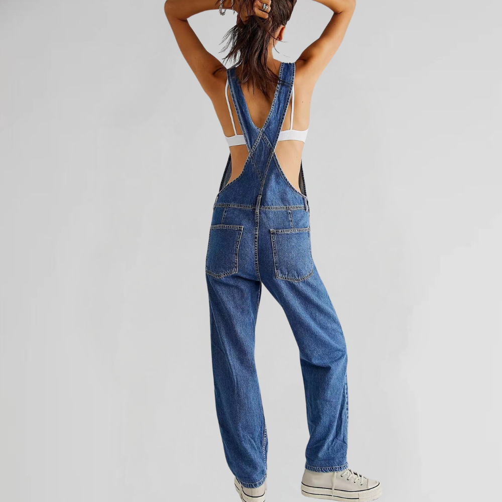 Denim jumpsuit dames – spijker overall met gekruiste rug en comfortabele pasvorm