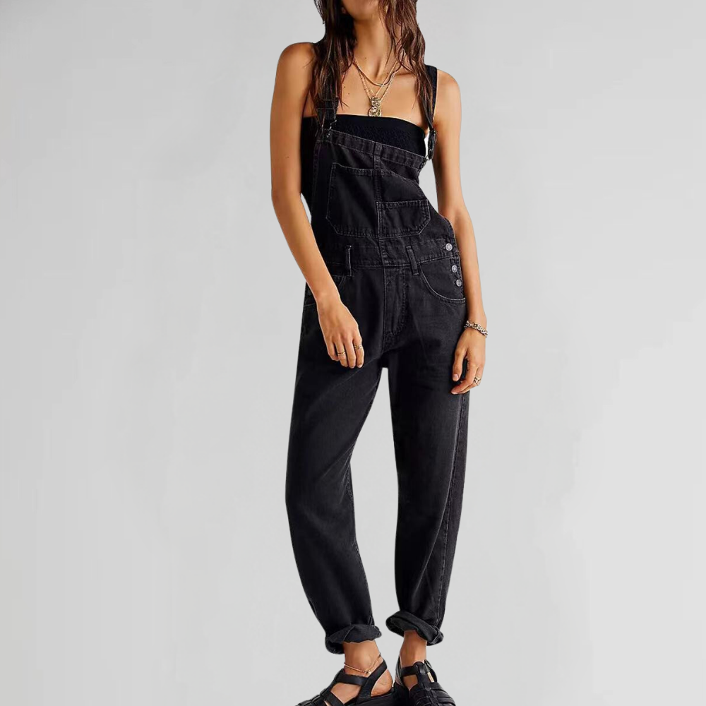 Denim jumpsuit dames – spijker overall met gekruiste rug en comfortabele pasvorm