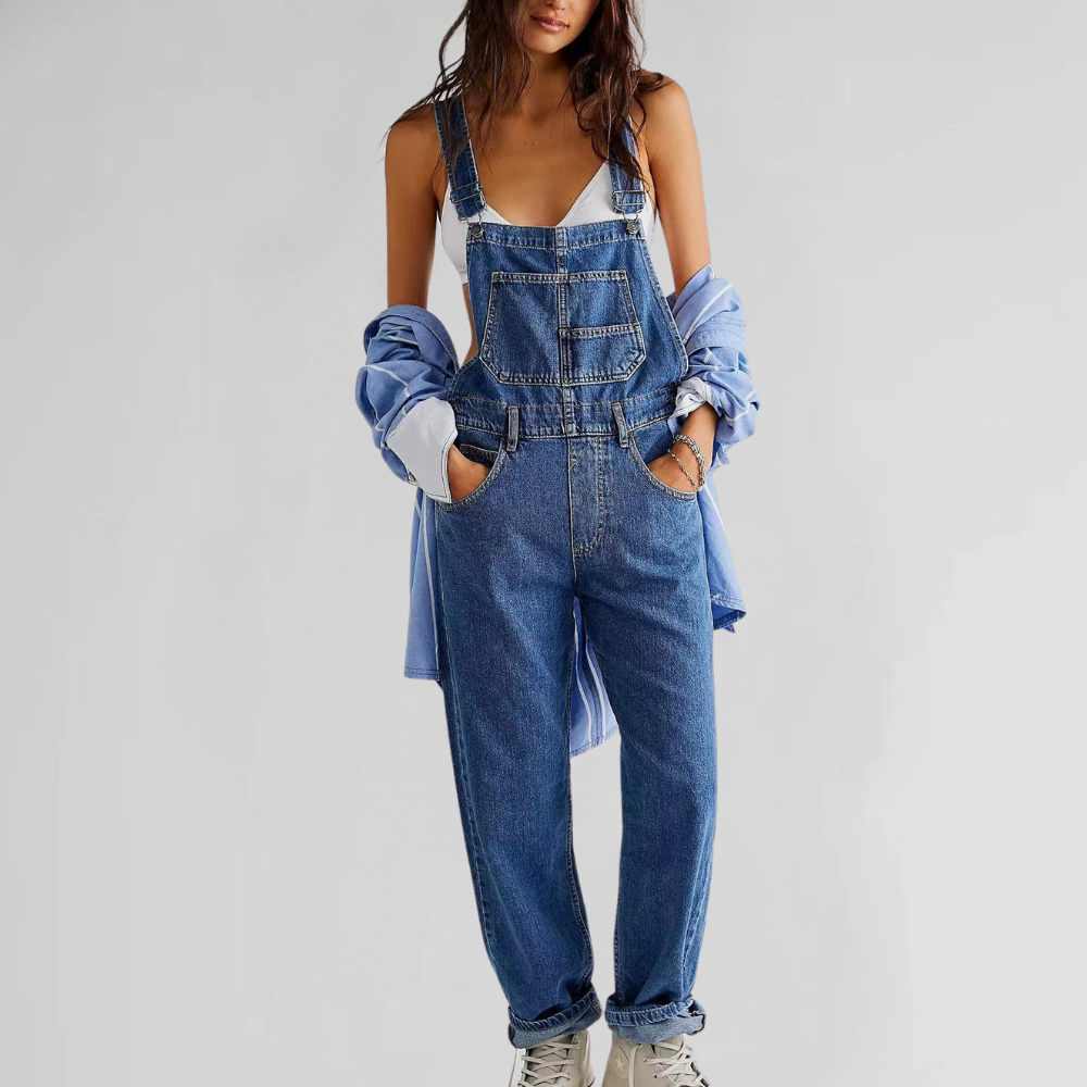 Denim jumpsuit dames – spijker overall met gekruiste rug en comfortabele pasvorm