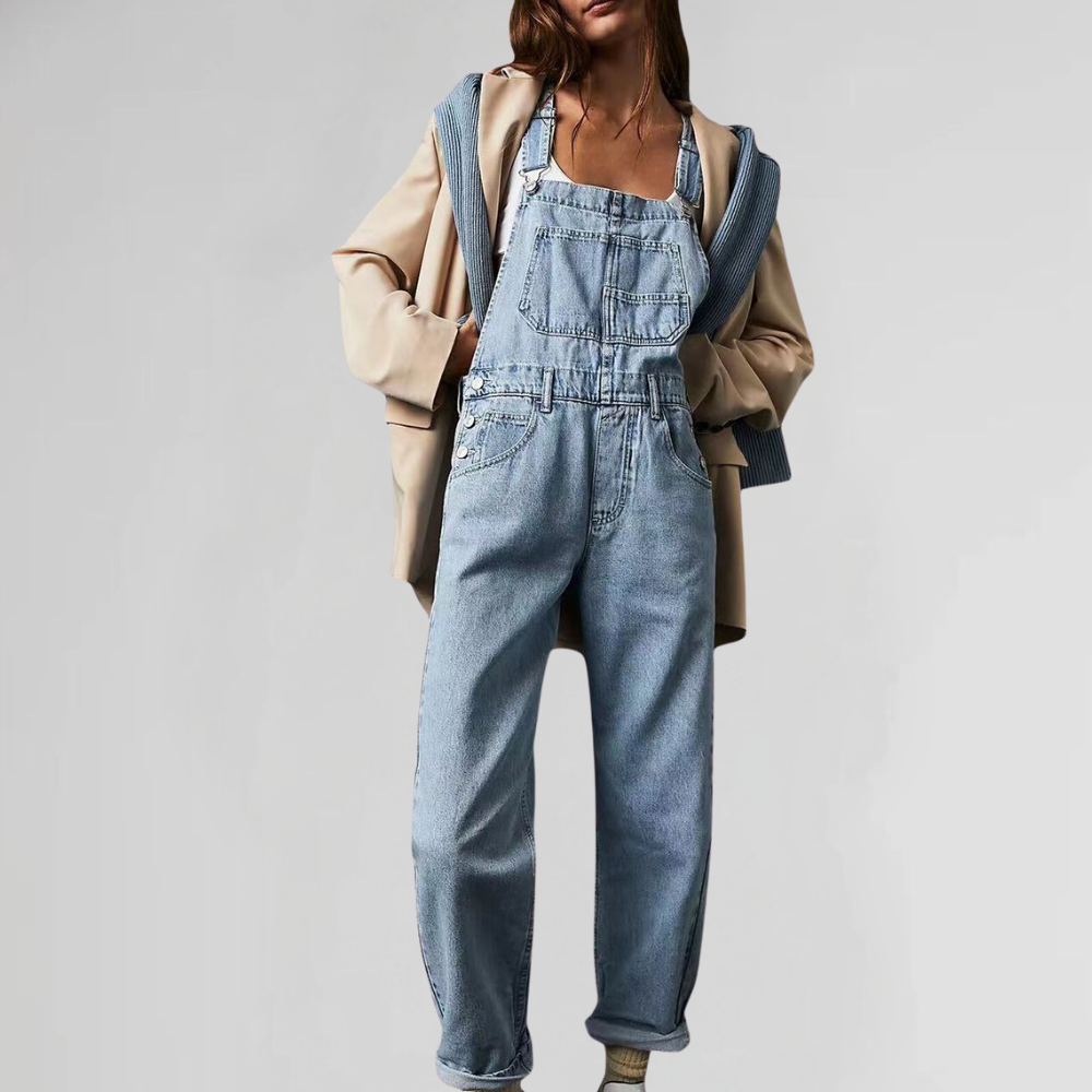 Denim jumpsuit dames – spijker overall met gekruiste rug en comfortabele pasvorm