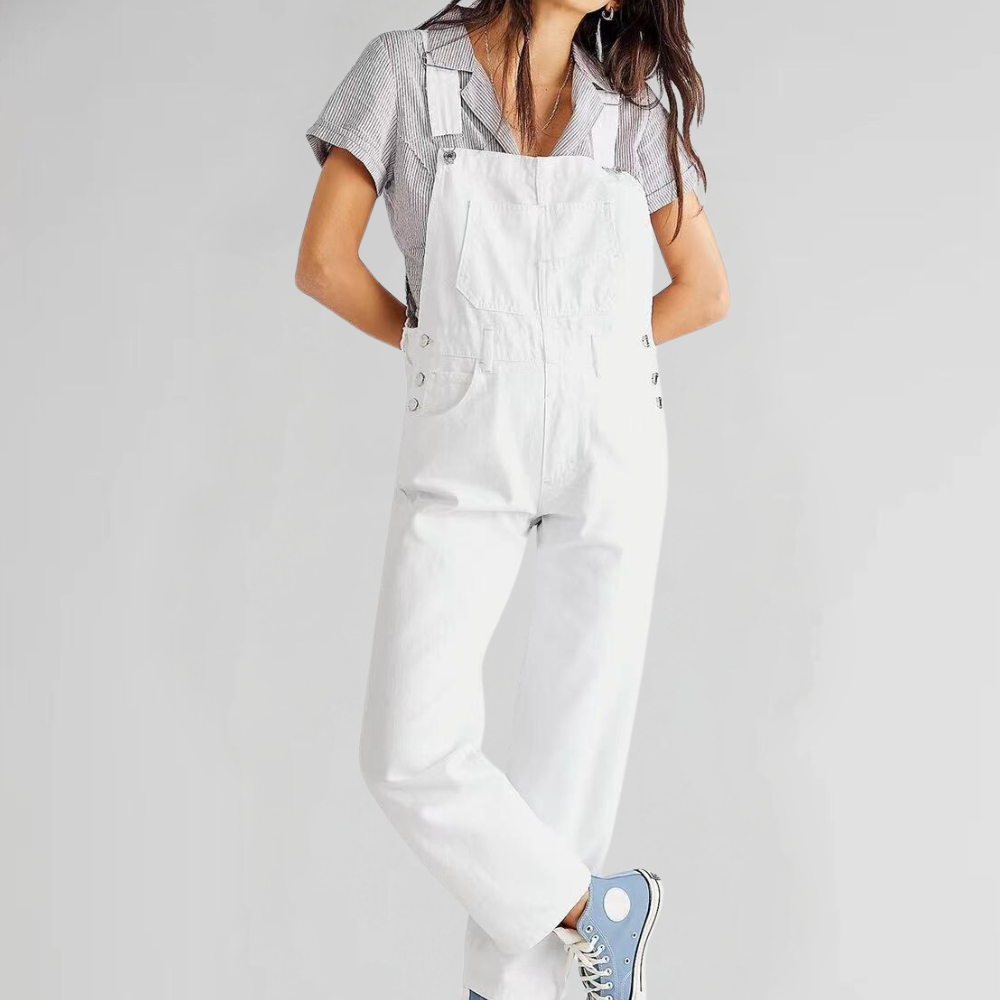 Denim jumpsuit dames – spijker overall met gekruiste rug en comfortabele pasvorm