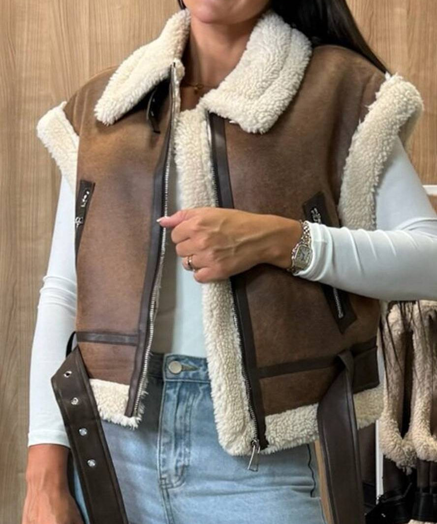 Dames bodywarmer imitatieleer – getailleerd met imitatiebont & riem