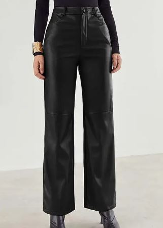 Dames Leren Broek – High-Waist Broek met Wijde Pijpen, Volledige Lengte & Zakken
