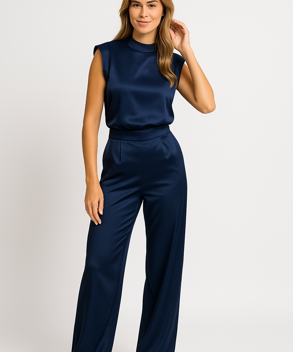 Dames Jumpsuit – Chique Satijnlook met Wijde Pijpen, Open Rug & Luxe Pasvorm