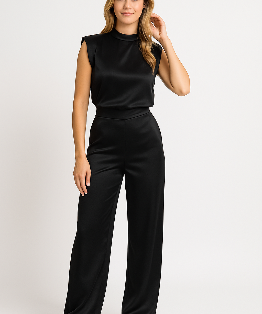 Dames Jumpsuit – Chique Satijnlook met Wijde Pijpen, Open Rug & Luxe Pasvorm