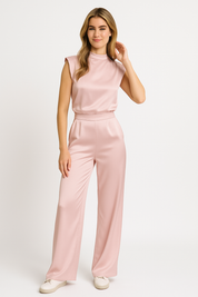 Dames Jumpsuit – Chique Satijnlook met Wijde Pijpen, Open Rug & Luxe Pasvorm