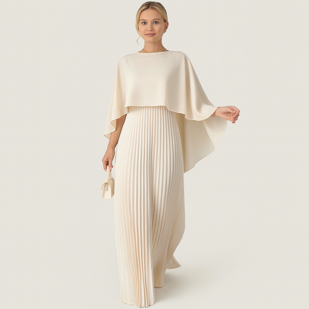 Elegante maxi-jurk dames – vloeiende jurk met vleermuismouwen en taille-accent