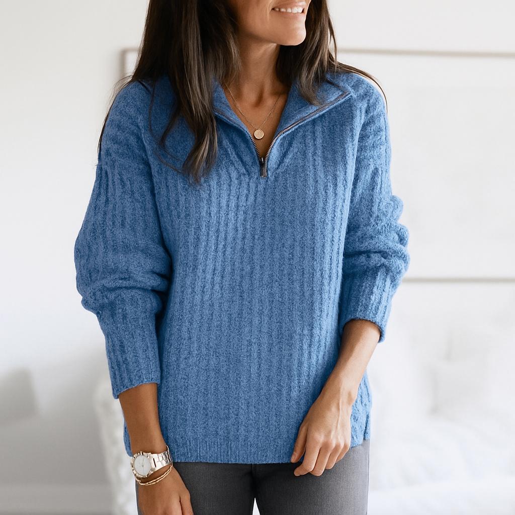 Dames trui met halve rits – stijlvolle pullover met staande kraag en rechte pasvorm