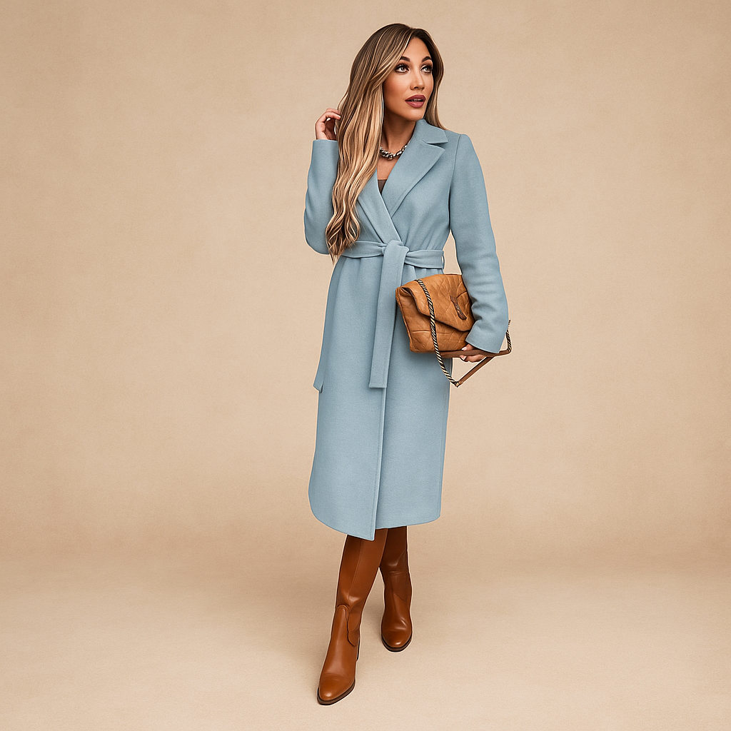 Lange dames winterjas – zwarte wollen jas met wikkelsnit en elegante tailleband