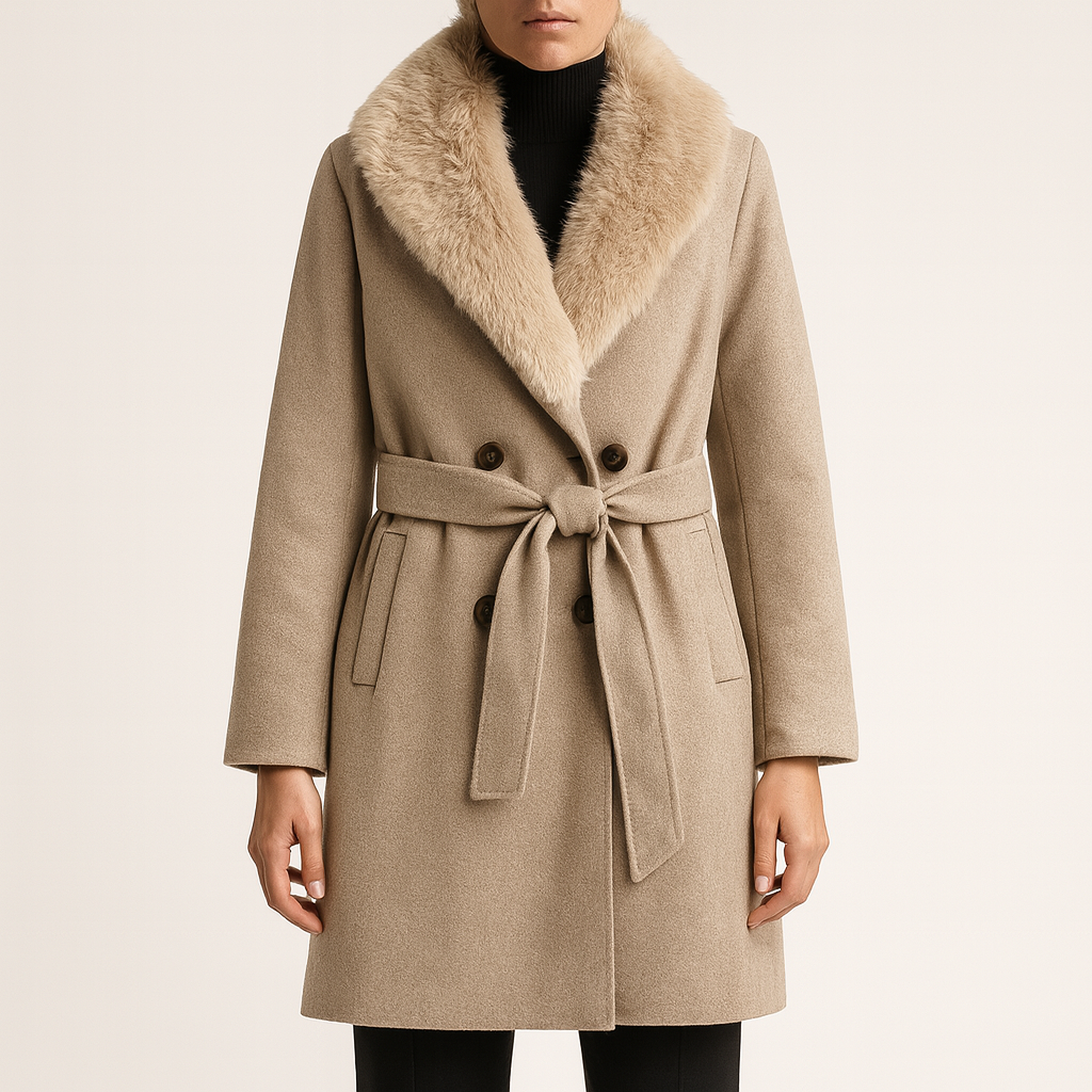 Lange dames winterjas – witte wollen jas met bontkraag en ceintuur