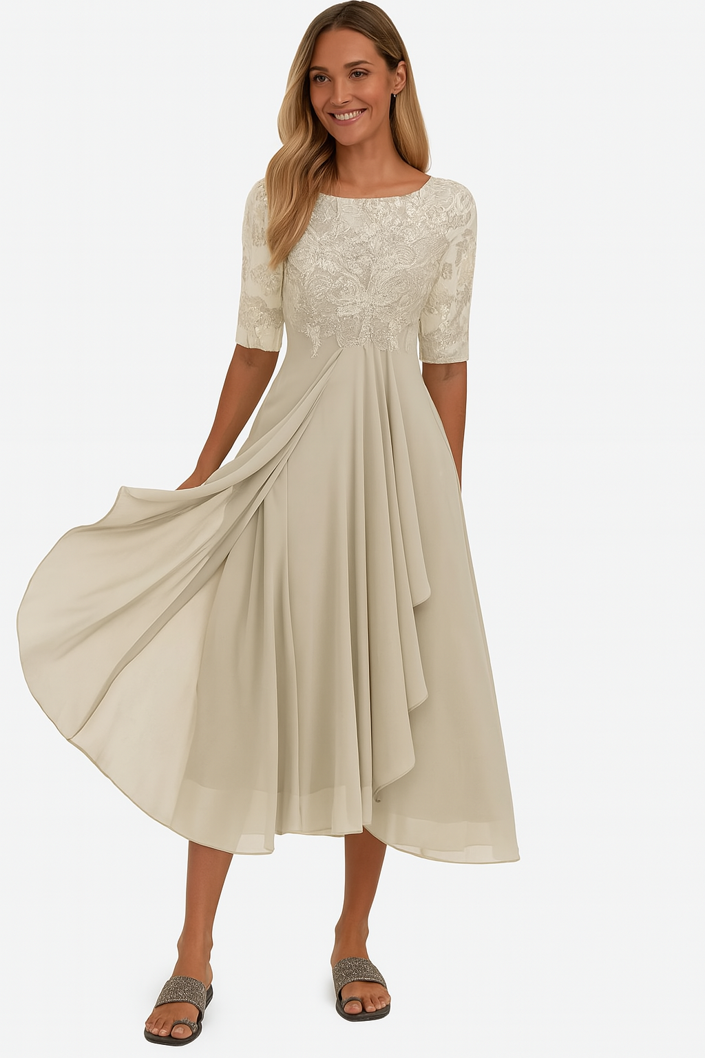 Elegant dames feestjurk van chiffon en kant – halflang A-lijn model