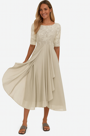 Elegant dames feestjurk van chiffon en kant – halflang A-lijn model
