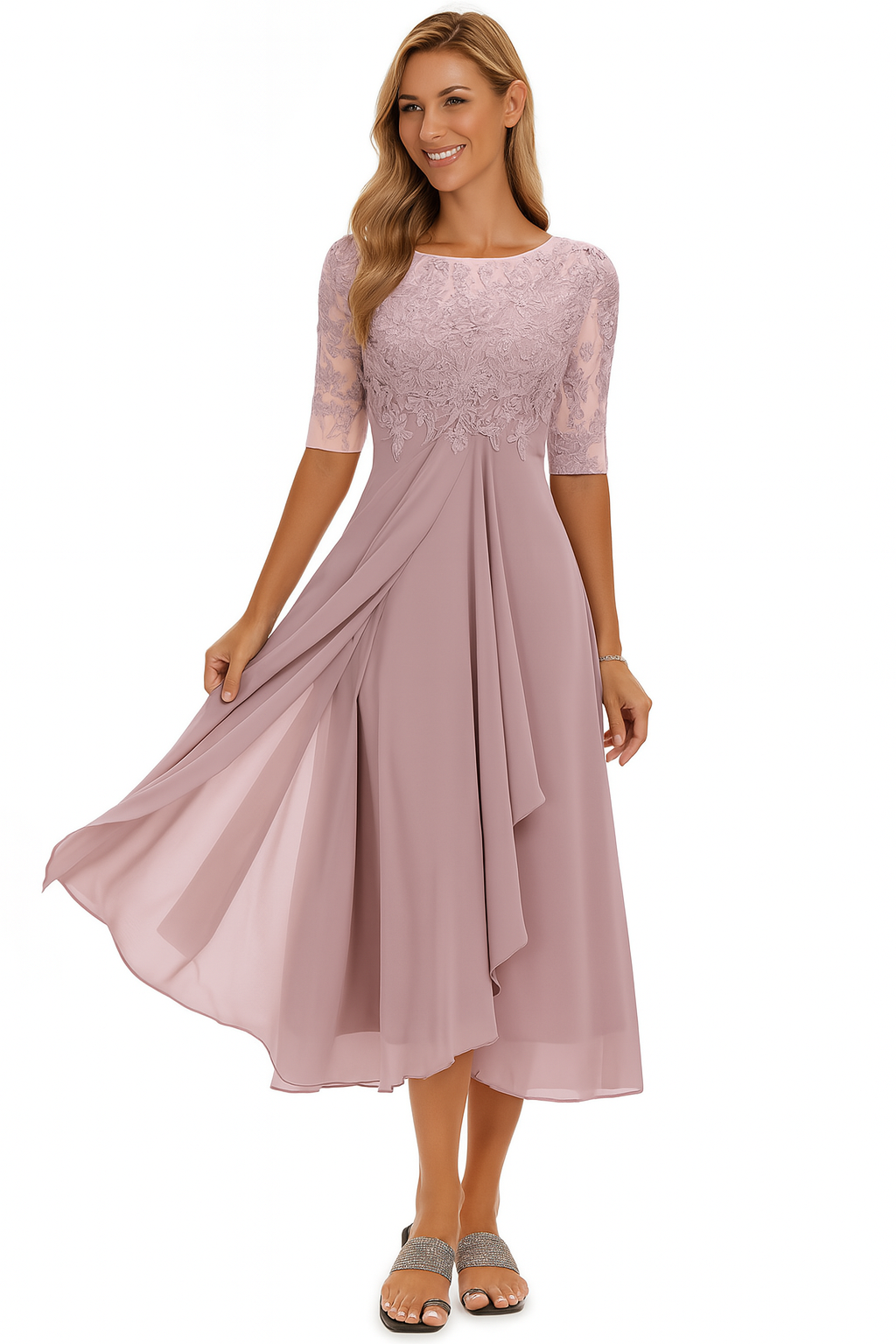 Elegant dames feestjurk van chiffon en kant – halflang A-lijn model