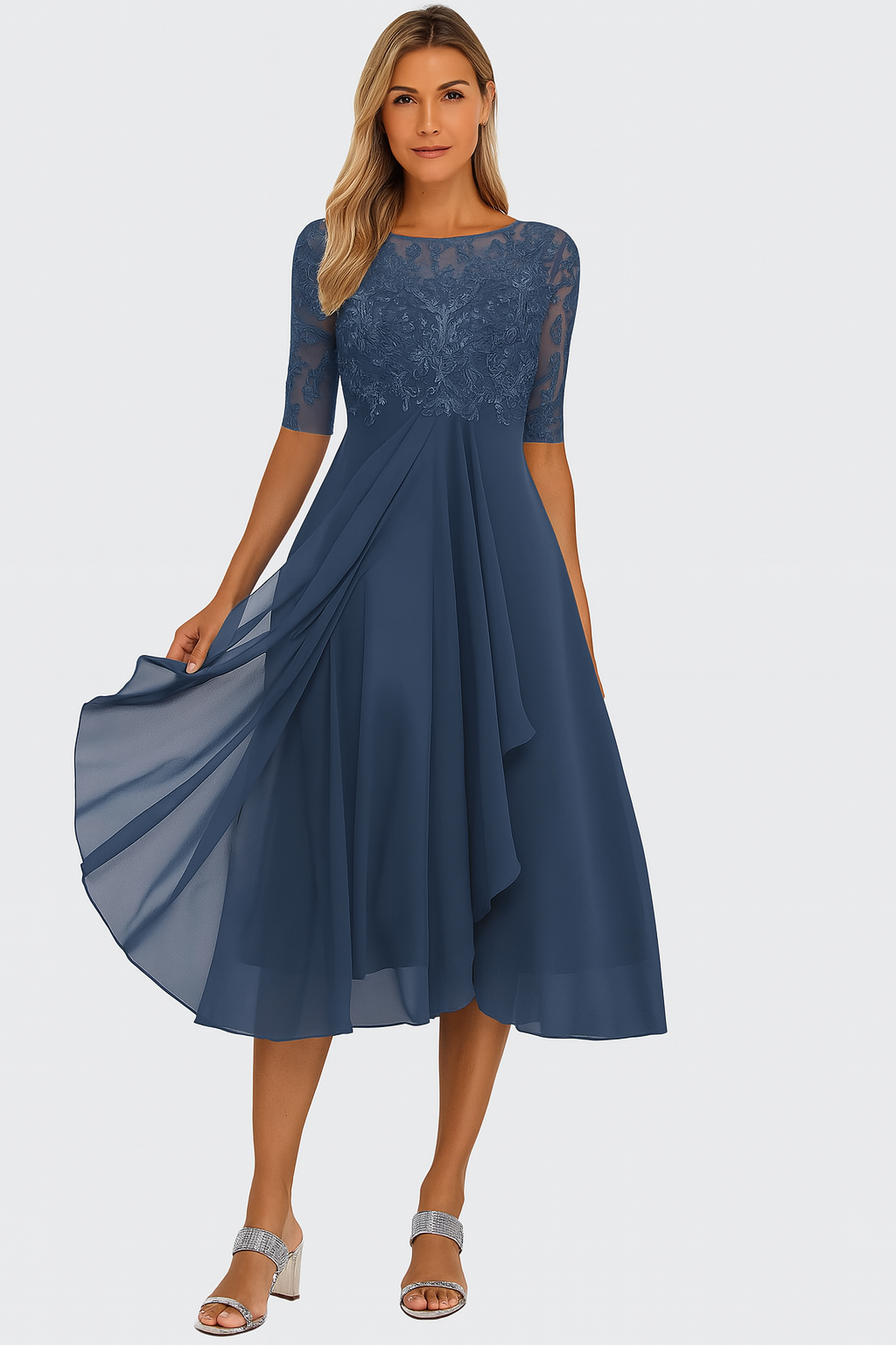 Elegant dames feestjurk van chiffon en kant – halflang A-lijn model