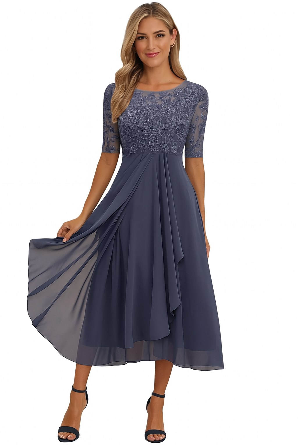 Elegant dames feestjurk van chiffon en kant – halflang A-lijn model