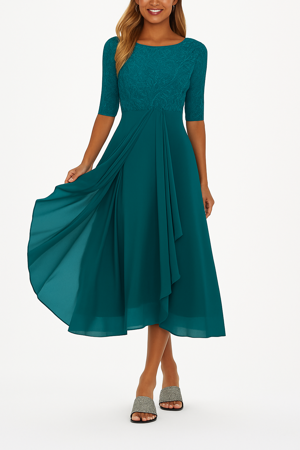 Elegant dames feestjurk van chiffon en kant – halflang A-lijn model