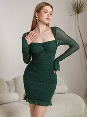 Glitter mesh mini jurk dames – ruched party dress met lange mouwen