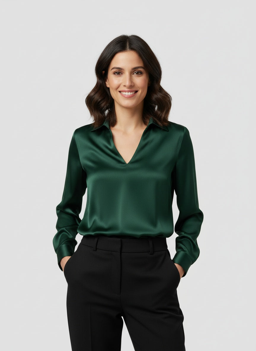 Dames satijnen blouse met V-hals – elegante glanzende blouse met soepele pasvorm