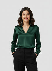 Dames satijnen blouse met V-hals – elegante glanzende blouse met soepele pasvorm