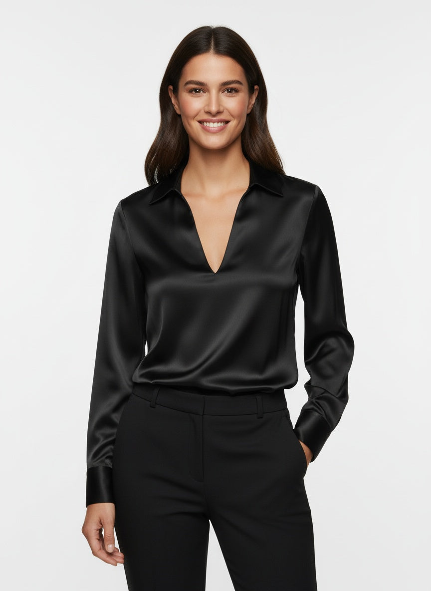 Dames satijnen blouse met V-hals – elegante glanzende blouse met soepele pasvorm