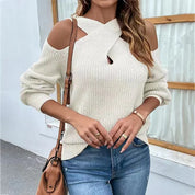 Effen Trui met Druppelvormige Hals Dames – Stijlvolle Gebreide Sweater met Uniek Cross Neck Design