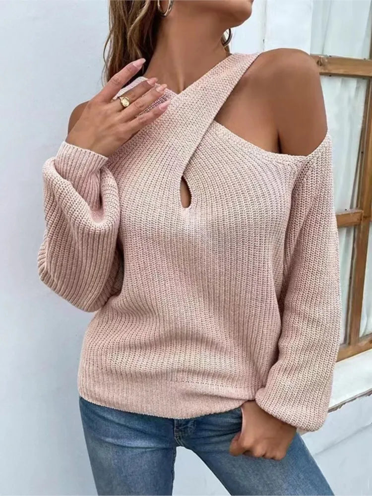 Effen Trui met Druppelvormige Hals Dames – Stijlvolle Gebreide Sweater met Uniek Cross Neck Design